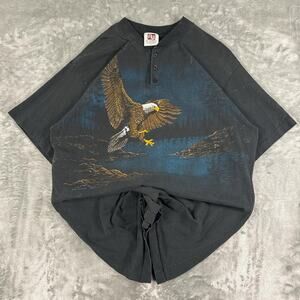 Vintage Arts Unlimited Mens XL henley Eagle Tshirt Black AOP Bonnie Kasper